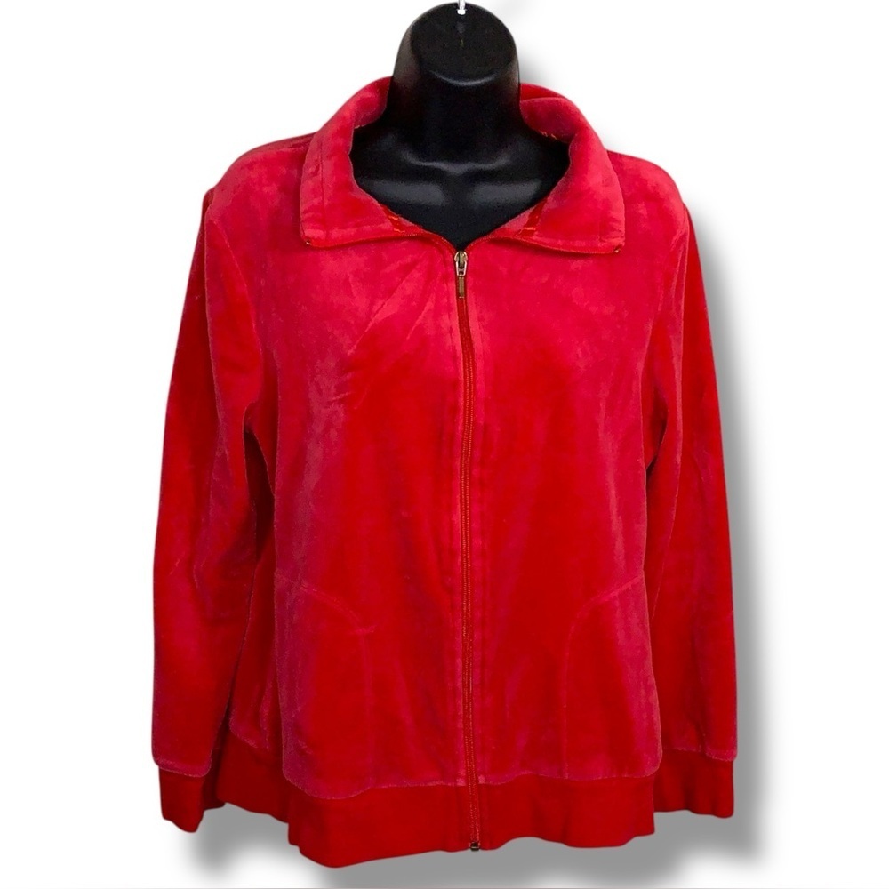 Large Hanes Vintage Y2K Coral Red Velour Jacket Zip Up Track Jacket Long Sleeve